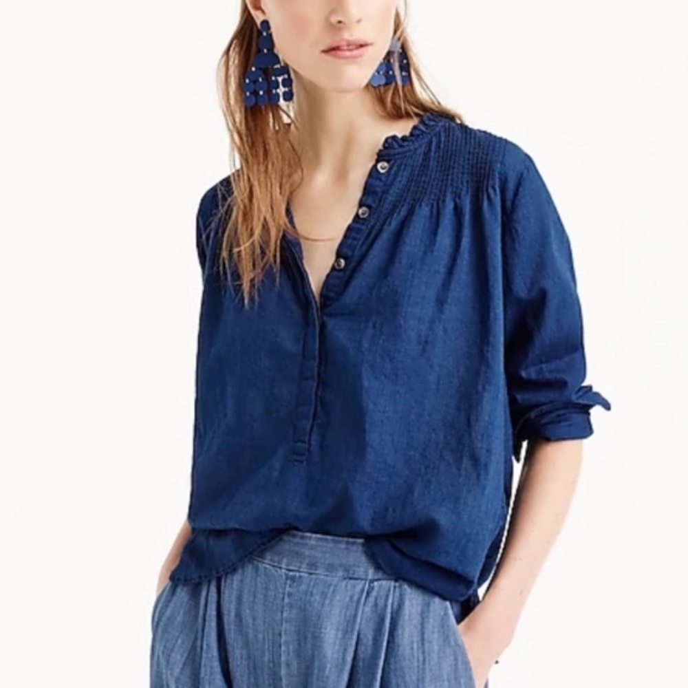 J. Crew Ruffle Collar V-Neck Dark Teal Long Sleeve Blouse - Size 0